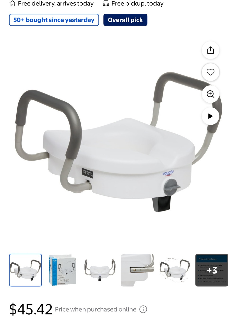 Equate brand elevated toilet seat riser with handles